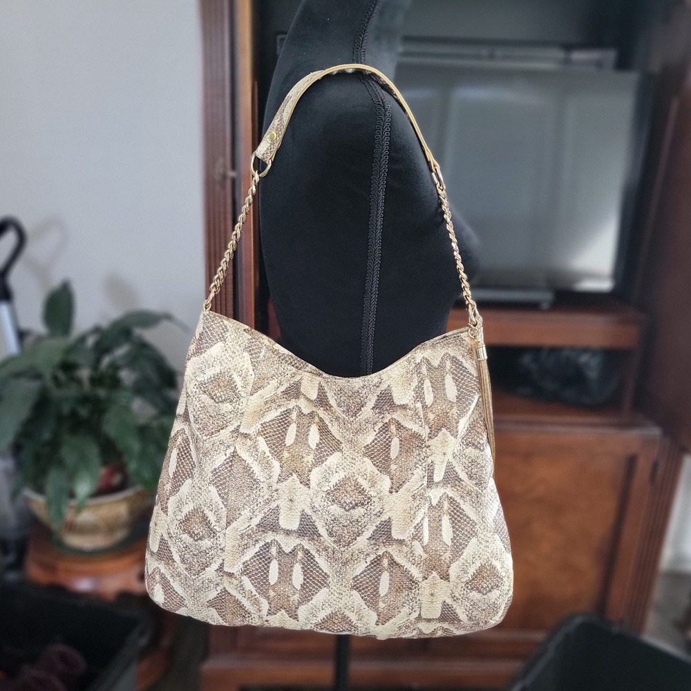 Python Snakeskin Print Hobo Shoulder Bag Gold Chain Tassel Neutral Tan Brown